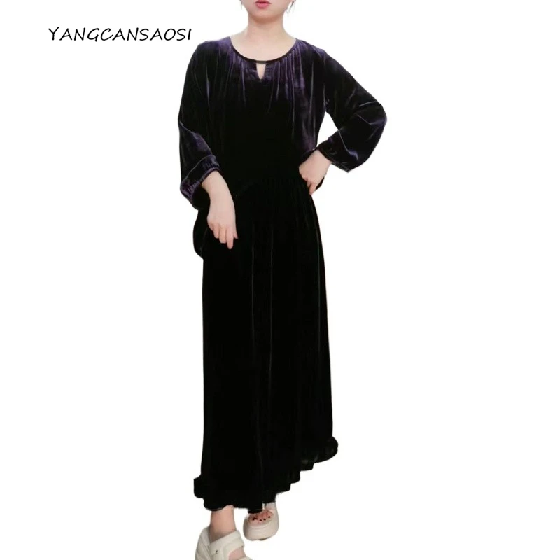 2025年レディースファッション秋の新作、30%天然桑絹ベルベット、バックフォークハンギング、伸縮性ウエスト、Aライン、上品なスカート