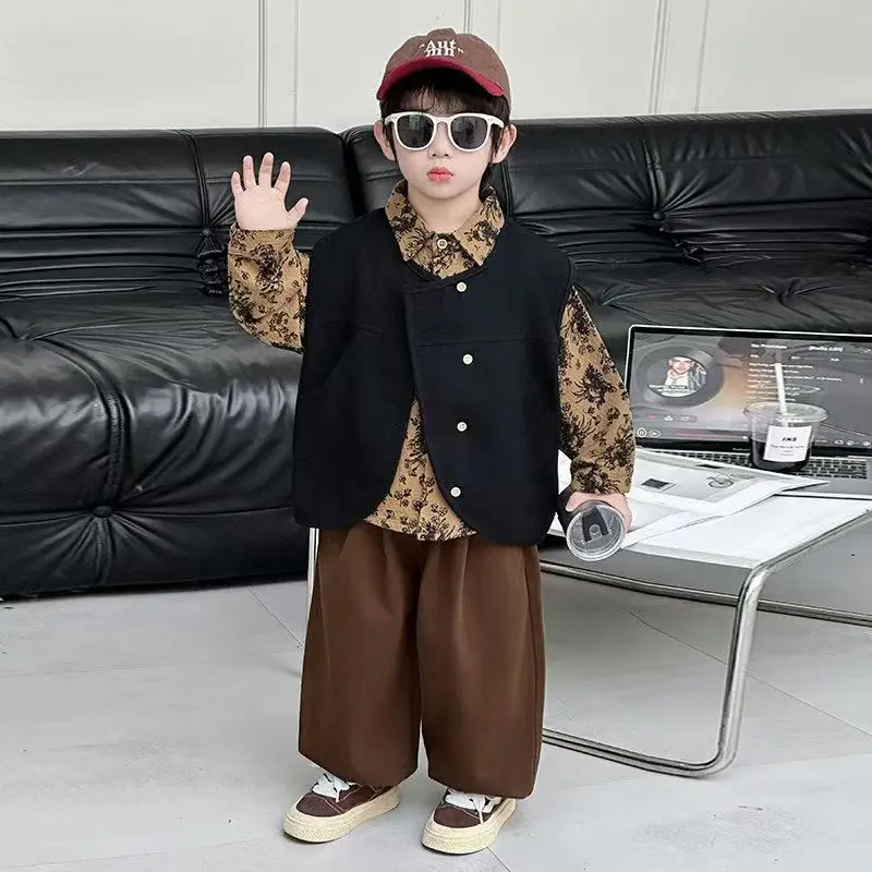 3 PCS set Autumn Spring Boy Retro Floral TShirt+Loose Harem Pants +Vest Kid Children baby Gentleman Handsome Streetwear Clothes