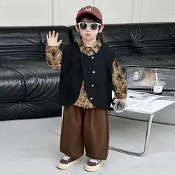 3 PCS set Autumn Spring Boy Retro Floral TShirt+Loose Harem Pants +Vest Kid Children baby Gentleman Handsome Streetwear Clothes
