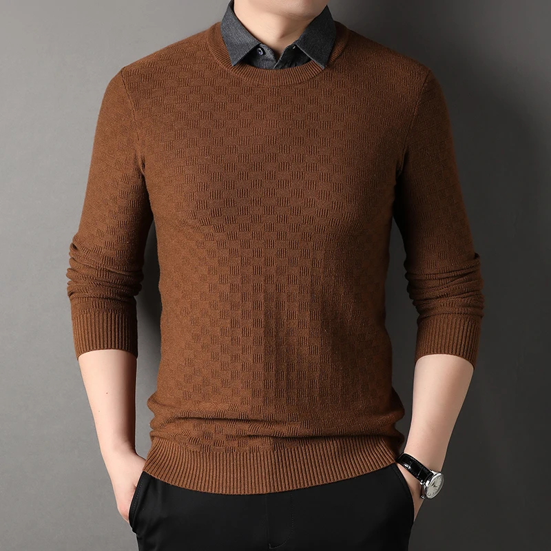 

Fake Two Pieces Wool Men's Sweaters Luxury Long Sleeve Computer Knitted Solid Color Spring Autumn Pullover Male Sweater