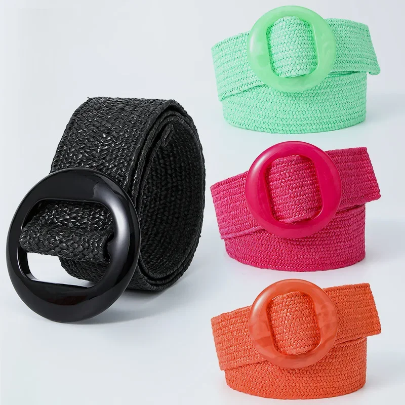 Vintage Braided Waist Belt Summer candy color Female Belt Round Buckle Wide style Elasticity Belt For Women clothing accessories