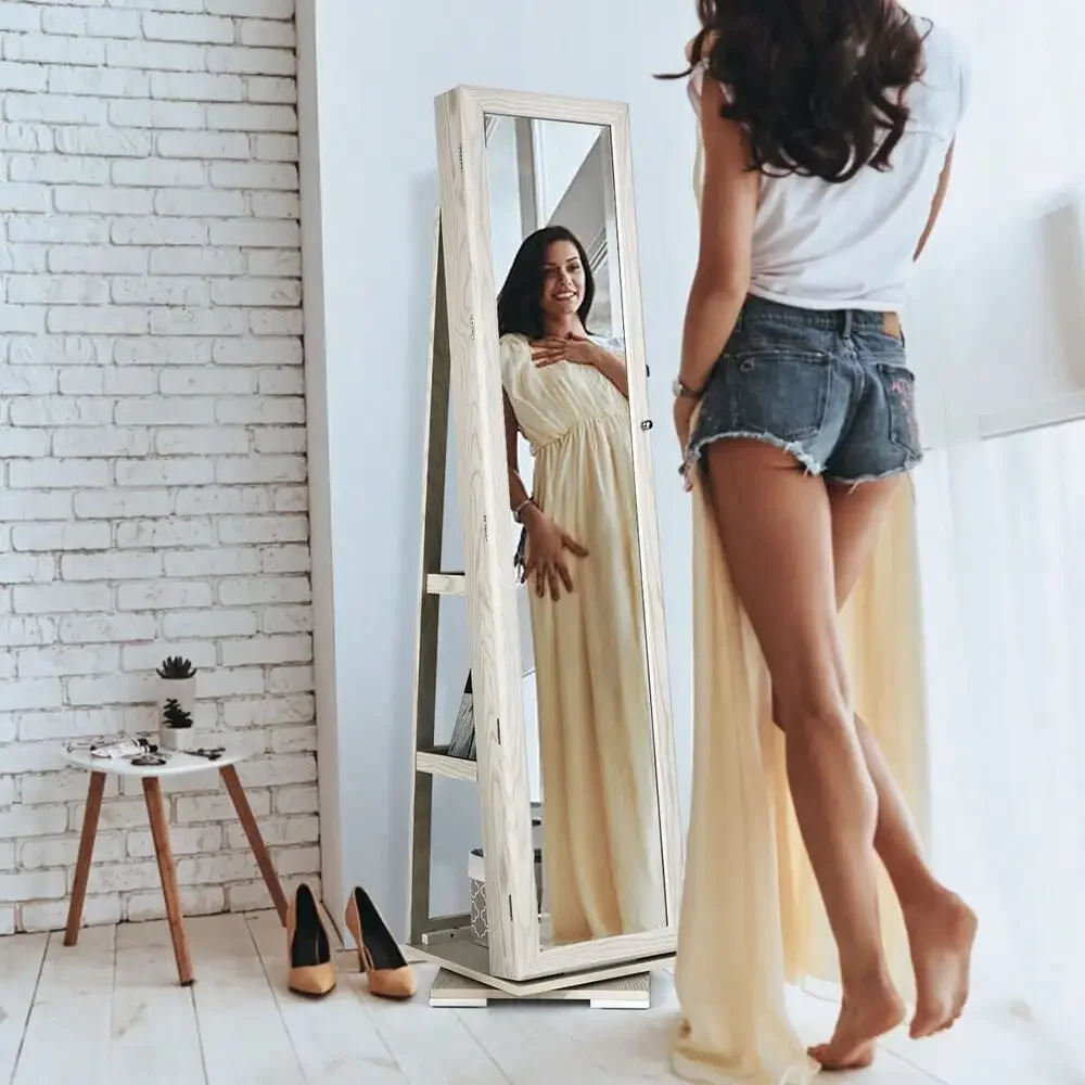 360 °   ตู้เก็บเครื่องประดับแบบหมุนได้ 2-in-1 พร้อมกระจกสีขาวแบบล็อคได้