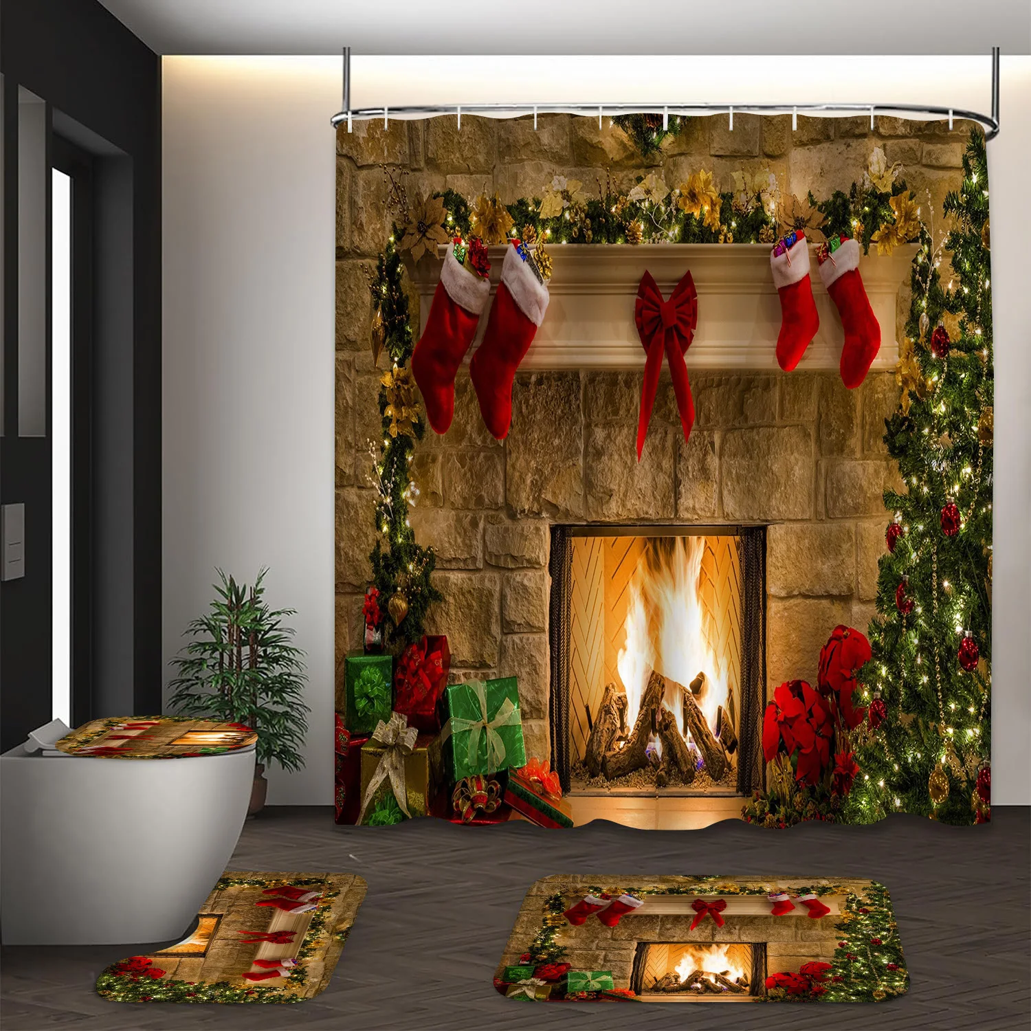LVRLVR 4Pcs Christmas Bathroom Set Fireplace Stocking Pattern Bath Curtain + Toilet Mat Rug Set, 70.8x70.8 inch Polyester Shower Curtain Set with 12Pcs C-Type Hooks