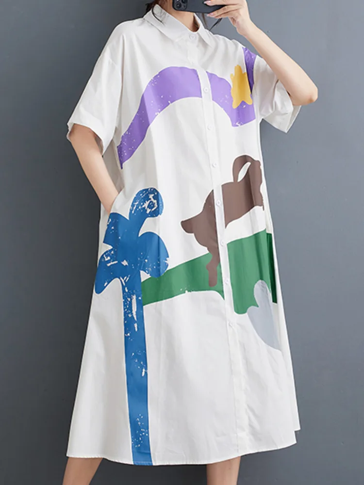 # 3918 Abito a trapezio stampato bianco nero Manica corta Allentato con giunture divise Abito camicia lunga vintage da donna Colletto rovesciato Streetwear