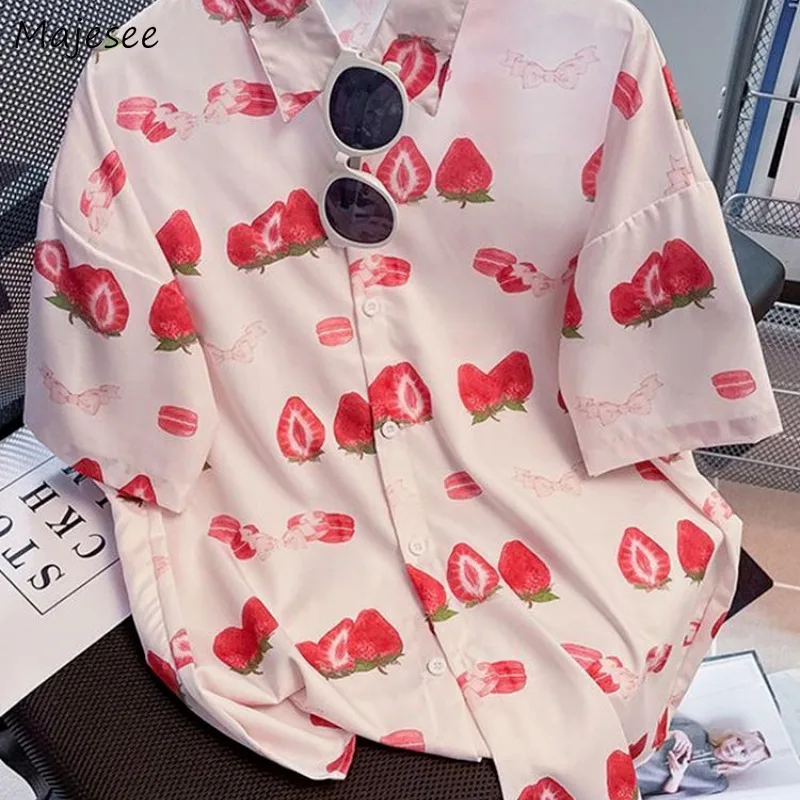 Short-sleeved Women Shirt Turn-down Collar All-match Korean Fashion Printed Loose Fit Casual Daily Students Popular Ins Summer