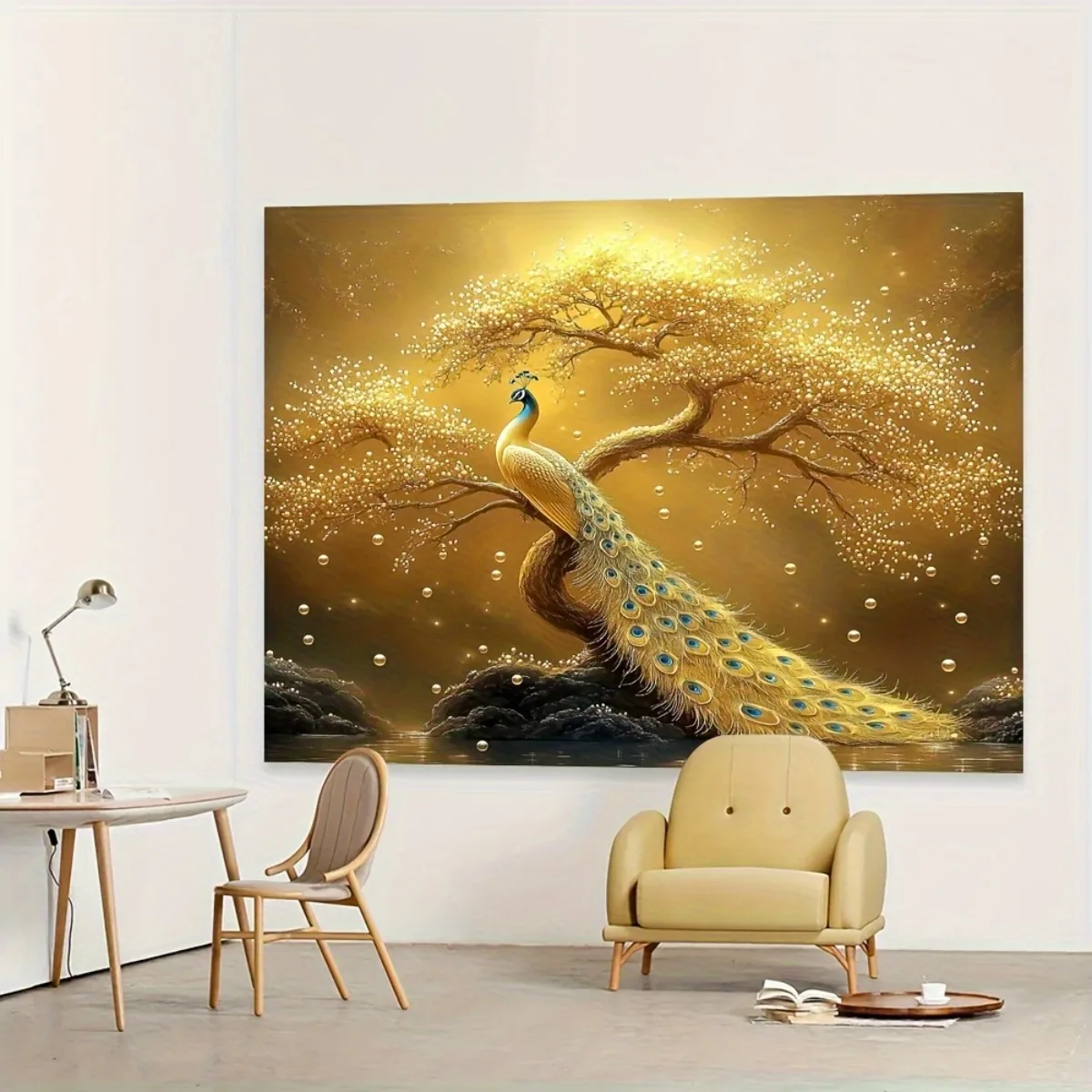 1pc Tapiz  Pavo Real Dorado y Árbol  la Riqueza - Colgante  Pared  Lujo para Año Nuevo Chino/Diwali Indio, Diseño  Hoj