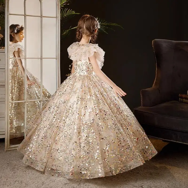 High-End Princess Dress For Girls Kids Sequined Long Frock Children Catwalk Formal Evening Gown Teenagers Pageant Vestidos A2782