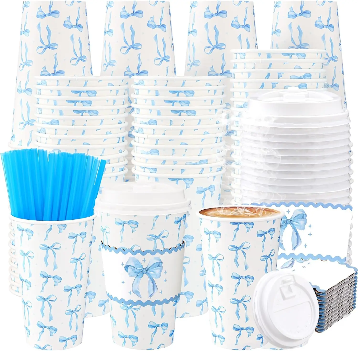 

50 Set Bow Disposable Coffee Cups with Lid and Sleeves Hot Chocolate Drinking Cups for Valentine's Day Mother's Day Wedd