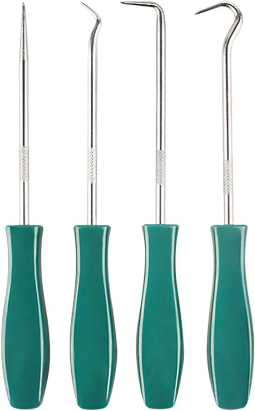 

Green Pick Hook Kit: 4-Pcs Automotive Seal Remover for O-Rings, Gaskets & Oil Seals. Mini Extractor Tool Set.