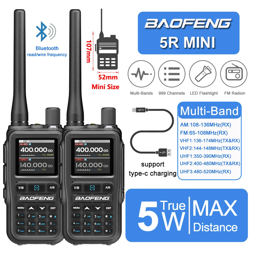 

2 шт. Baofeng 5R мини-рация дальнего действия Bluetooth беспроводная частота чтения/записи Type-C зарядка многодиапазонная двусторонняя радиостанция