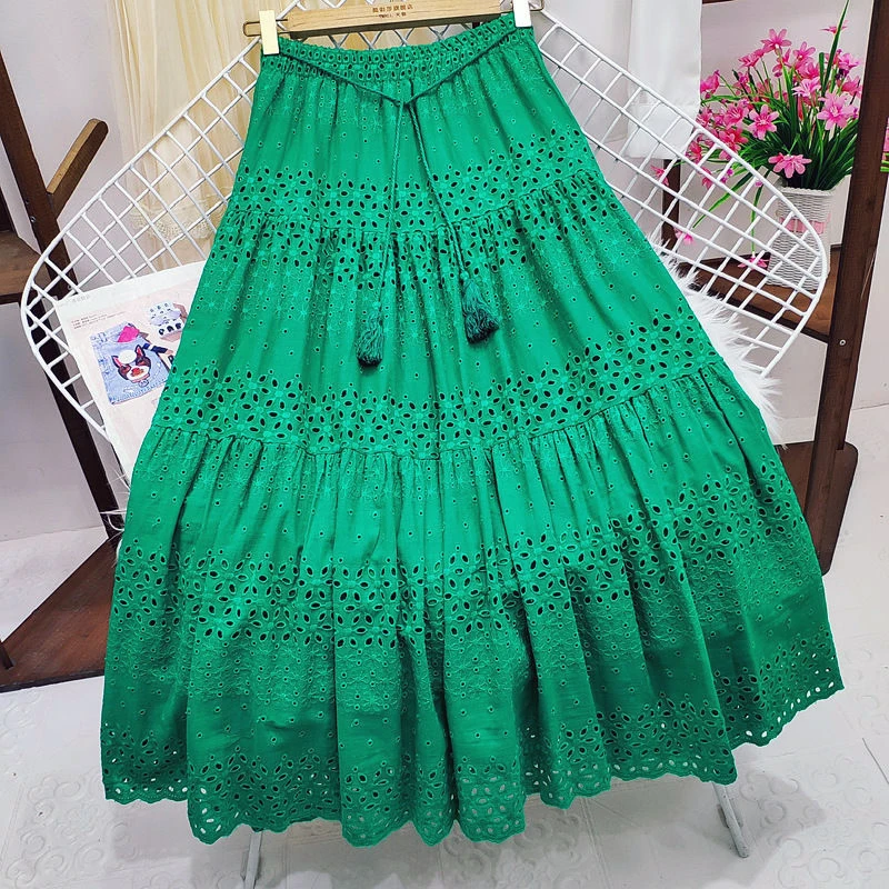 

TEELYNN Hollow Out Embroidery Cotton Lace Skirts for Women Vintage High Waist Ruffles Long Skirt Casual A-line Boho Falda Summer