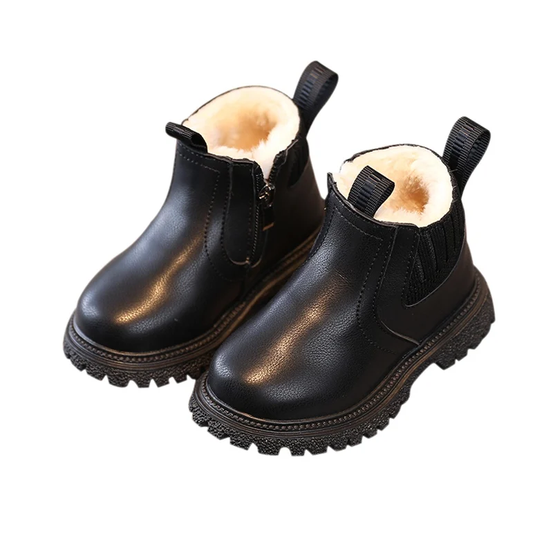 Autumn  Winter Kid Boys Girls Casual Ankle Boots Comfortable Simple Side Zipper Leather Boots Velvet Warm Non-Slip Boots