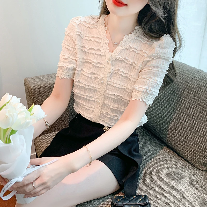 Fashion Summer Short Sleeve Shirts Woman Luxury Casual Loose Blouse For Women Elegant Ruffles Korean Version Top Female Du079