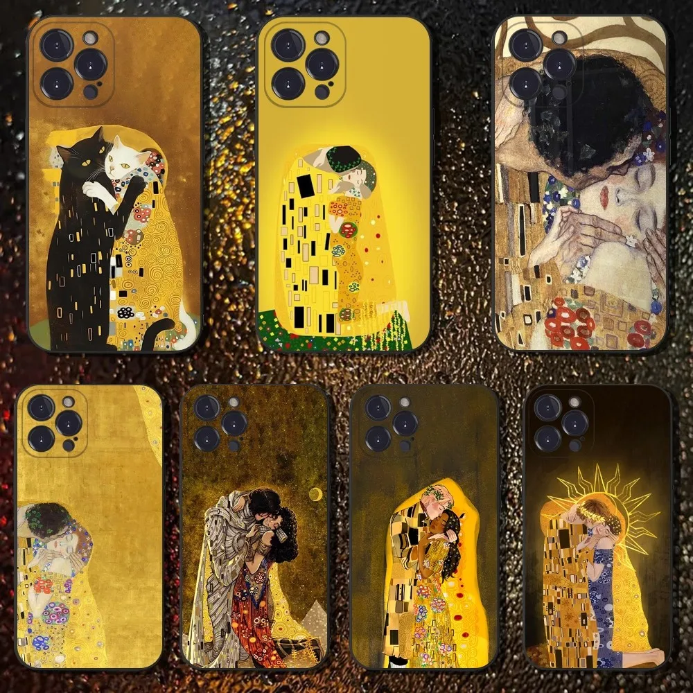 

Gustav Klimt Kiss Art Phone Case For iPhone 16,15,14,13,12,11 Plus,Pro Max,XS,X,XR,SE,Mini,8,7,Soft Silicone Black Cover