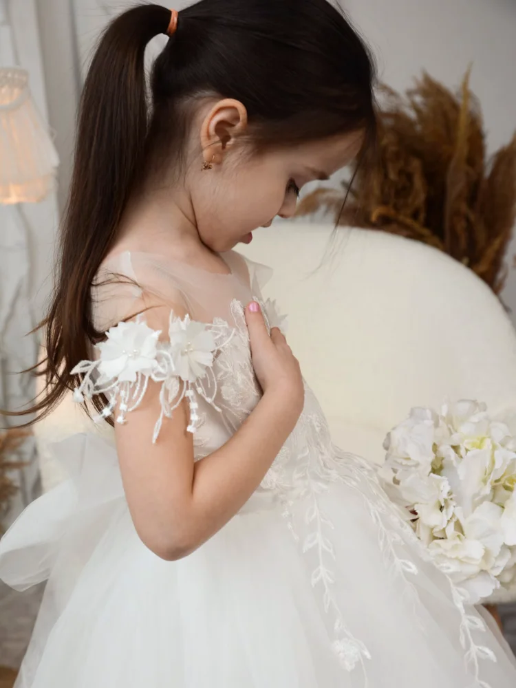 Vestidos de flores blancas para niña, apliques de flores de tul con lazo y cola sin mangas para boda, cumpleaños, vestidos de primera comunión