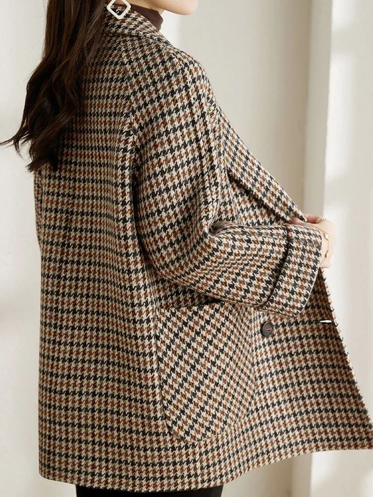 New Vintage Houndstooth Women Woolen Blazer Double Breasted Plaid Female Suit Jacket Fashion Korean Outerwear Loose Woolen Coats