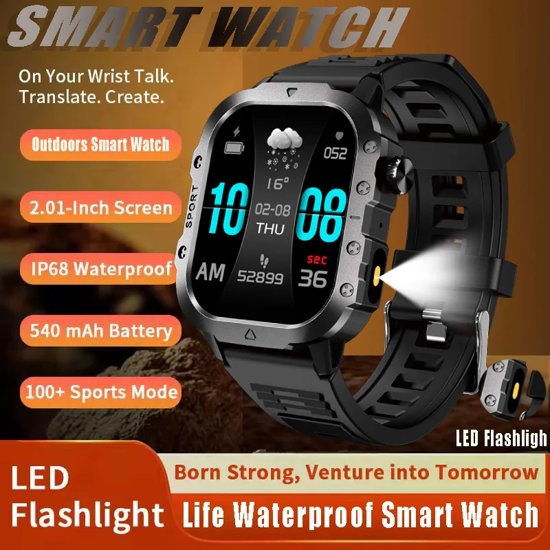 

2025 New Outdoor Smartwatch For Men LED Flashligh Sports Smart Watch Bluetooth Calling 500Mah IP68 WaterProof Smart Wristband