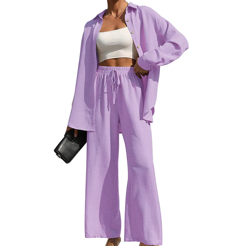 Dames effen overhemd met knoopsluiting aan de voorkant en broek met wijde pijpen, tweedelige set, casual blouse met verlaagde schouder en lange mouwen, top en broek