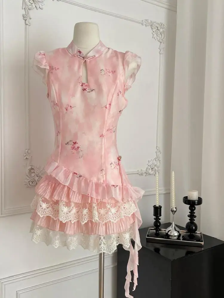 

Summer Women Pink Flower Sexy Slim Hollow Out Ruffles Tops + High Waist Patchwork Lace Pleated Long Skirt Chinese Two Pieces Set