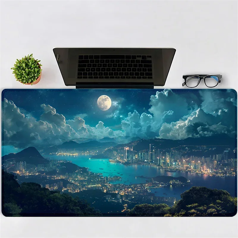 Large Mouse Pad 900x400MM Japanese City Night Moonlit gaming Desk Mat Rubber desk pad Home Office game Stitched Edges Non-Slip