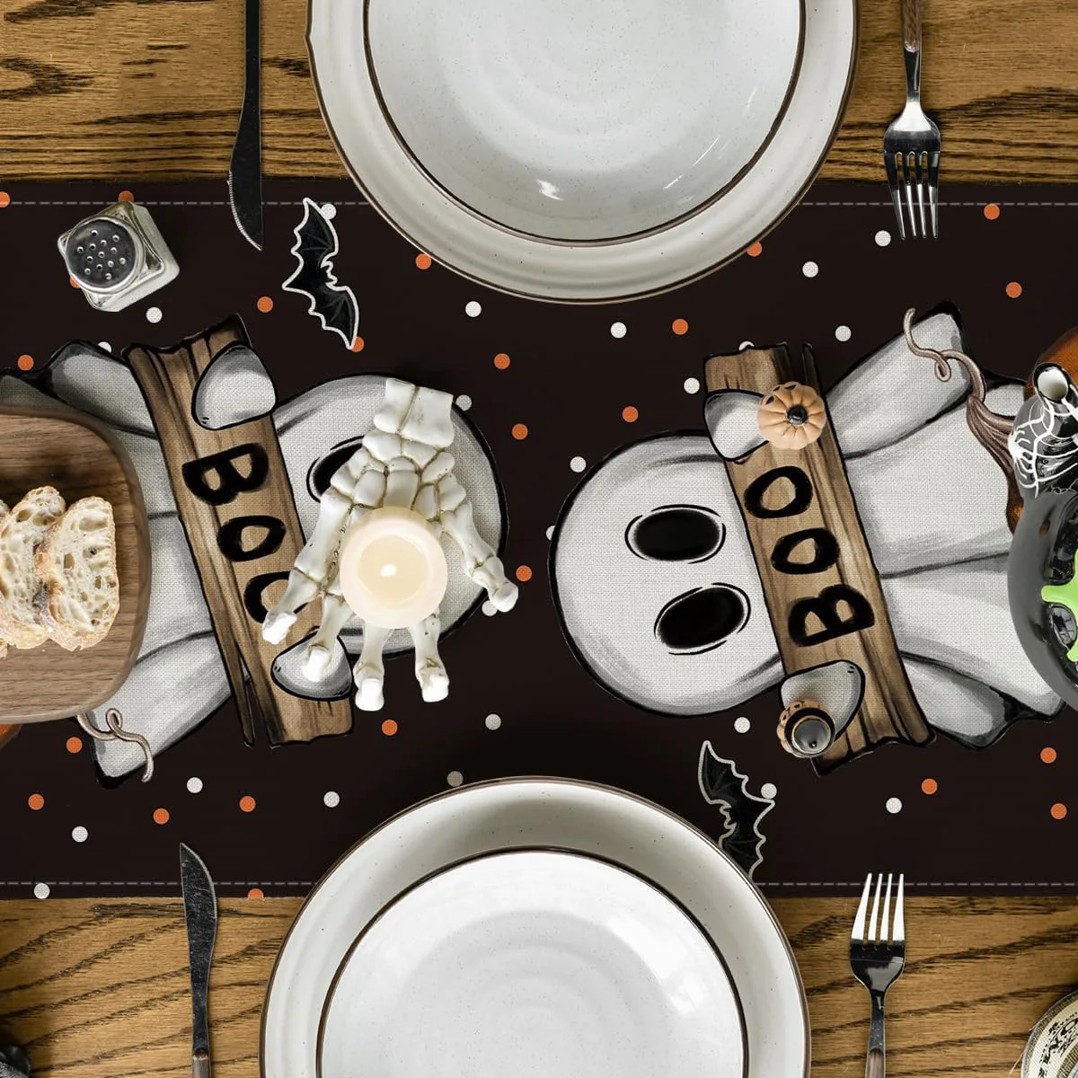 

Halloween Polka Dot Ghost Pumpkin Cat Linen Table Runners Party Decor Reusable Dining Table Runners Kitchen Halloween Decoration