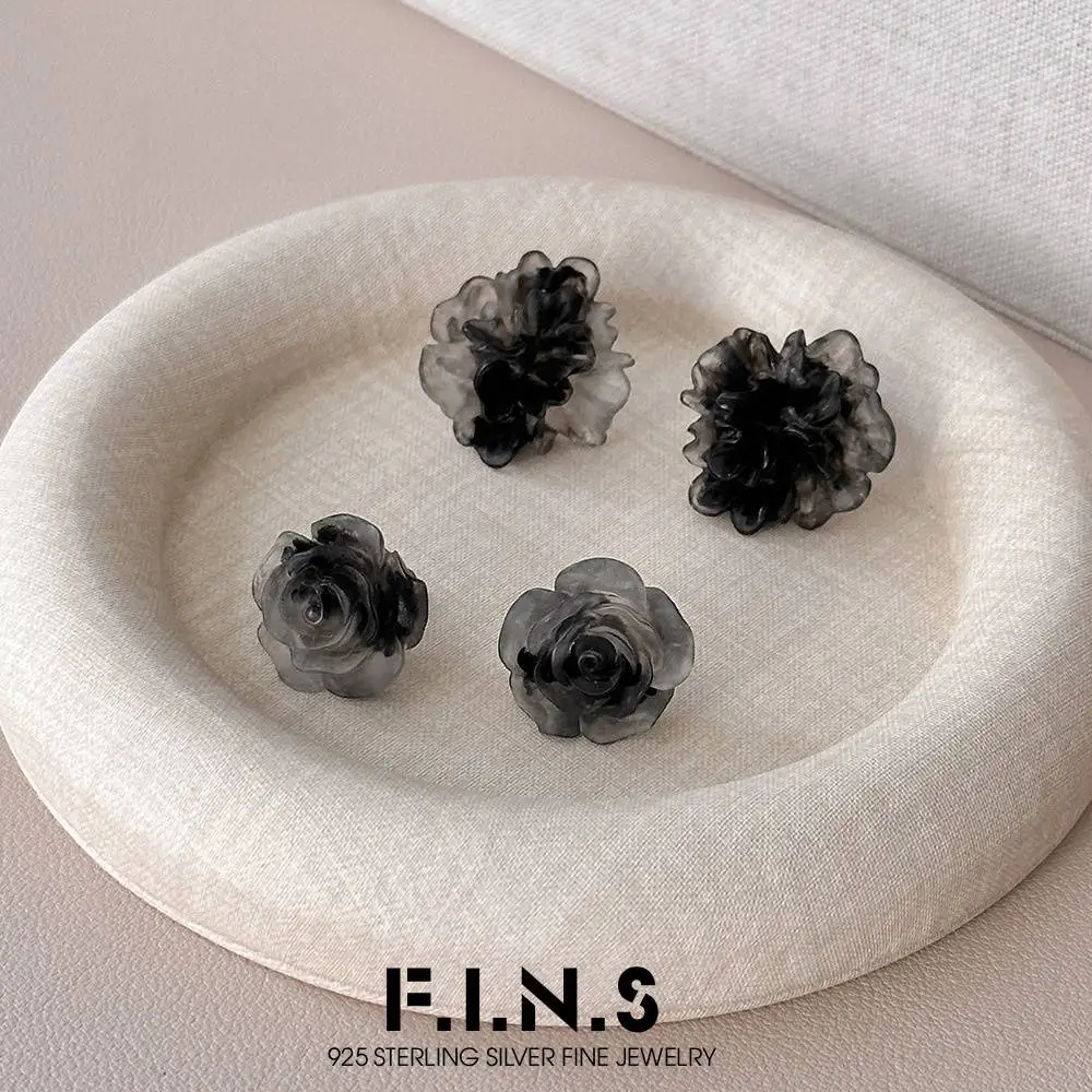 F.I.N.S Original S999 Sterling Silver Wrinkle Black Resin Flower Stud Earrings Trendy Floral Piercing Big Ear Fine Jewelry Gifts