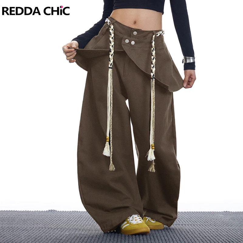 

REDDACHiC Юбка с запахом Широкие джинсовые брюки Однотонные коричневые свободные карманы Искусственные мешковатые джинсы из двух частей Повседневная женская уличная одежда в стиле ретро