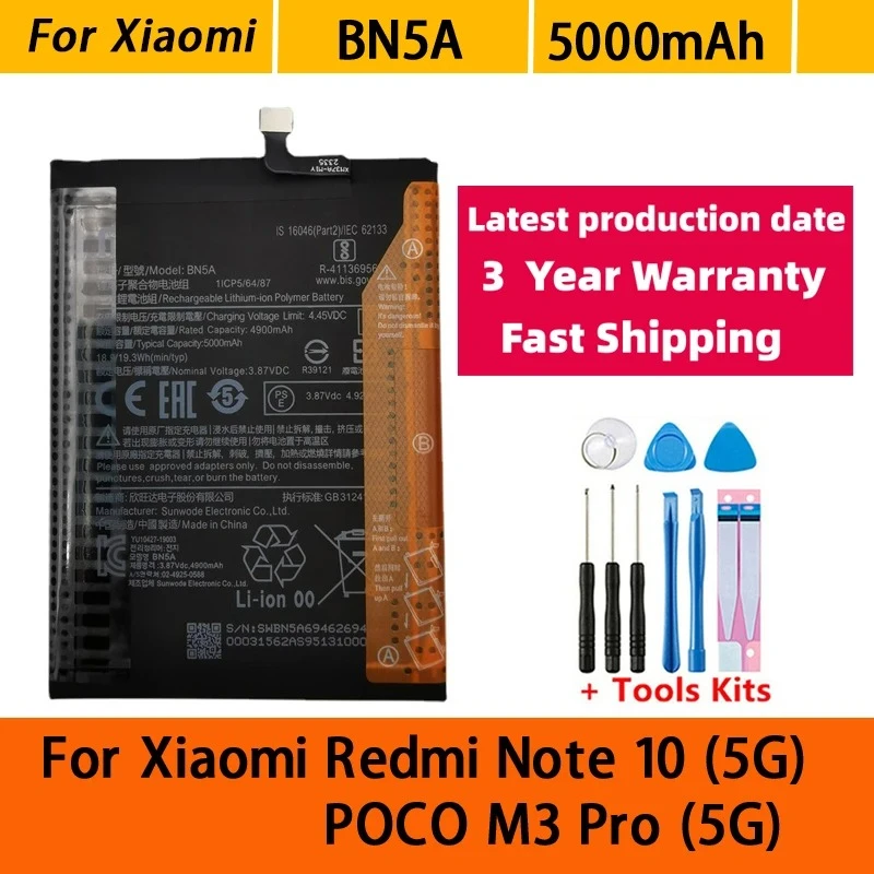 5000mAh NEW BN5A Battery For Xiaomi Redmi Note 10 5G POCO M3 Pro 5G Mobile Phone Batteries Bateria Batterij+Tools Fast Shipping