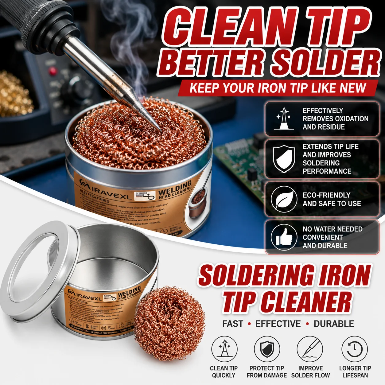 Professional Soldering Iron Tip Cleaner, Soft Alloy Wire Sponge with Metal Base Shell Case Holder for Welding Repair Set