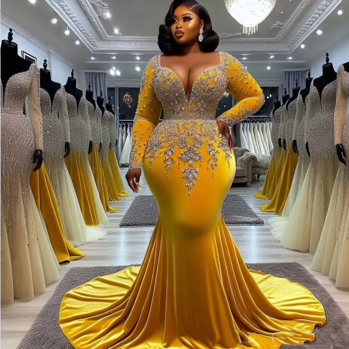골드 프롬 드레스 비즈 장식 플러스 사이즈 머메이드 정장 가운 아소 에비 프롬 드레스 벨벳 스팽글 긴 소매 벨루어