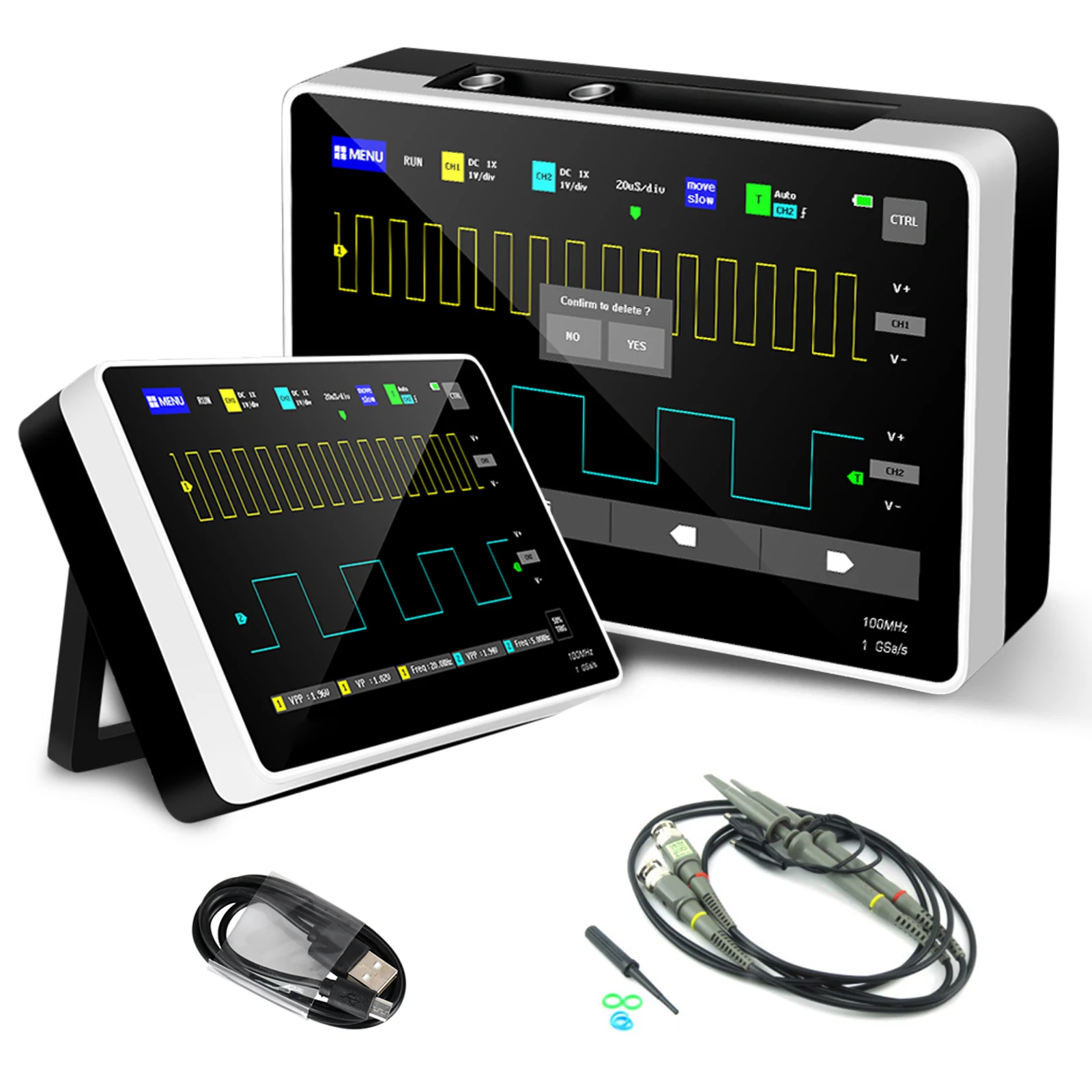 1013D Plus Oscilloscope - Portable Handheld Tablet, 100X Probe, Dual Channel, 100MHz, 1GSa/s, 7-Inch TFT LCD Touchscreen