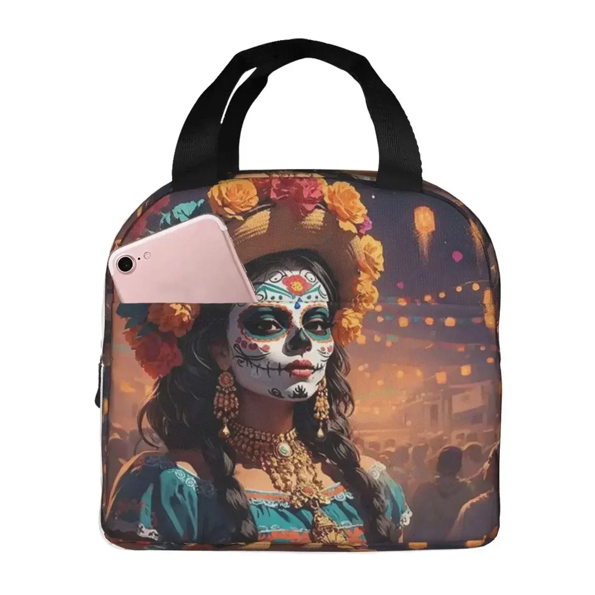 

Day Of The Dead Sugar Skull Mexican Girl Insulated Lunch Bag for Kids School Cooler Thermal Food Box Tote Lunch Boxes Container