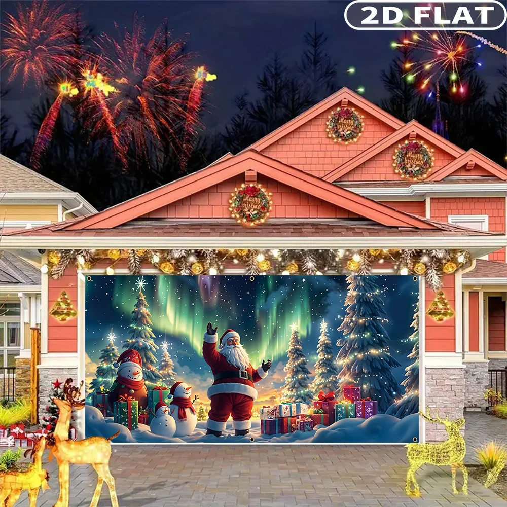 1 قطعة لافتة باب المرآب الكبيرة لعيد الميلاد ، الخلفيات والافتيات الاحتفالية ، البوليستر أورورا والسماء المرصعة بالنجوم سانتا كلوز مشهد الثلج #5