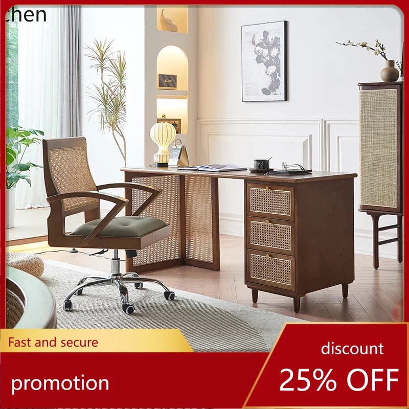 

HXL Rattan Woven Office Desk Home Solid Wood Desk Homestay Bedroom Computer Desk Study Room