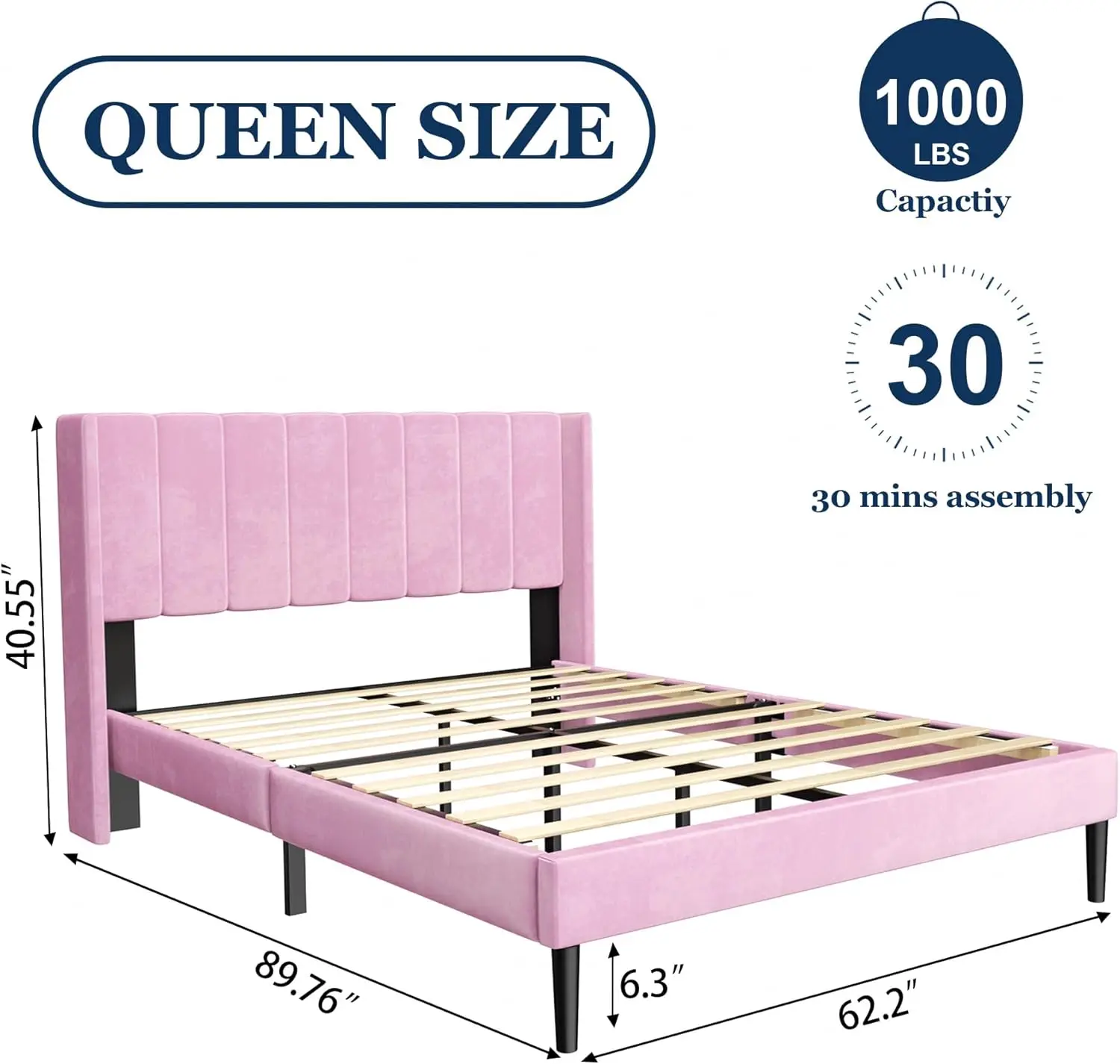 Queen Bed Frame With Headboard,Bed Frame Queen Size Vertical Channel Tufted Wingback No Box Spring Needed, Mattress Foundation,