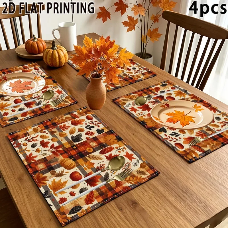 Plaid Maple Leaf Pumpkin Placemats, Fall Harvest Printed Linen Table Mats, Thanksgiving Table Home Decor
