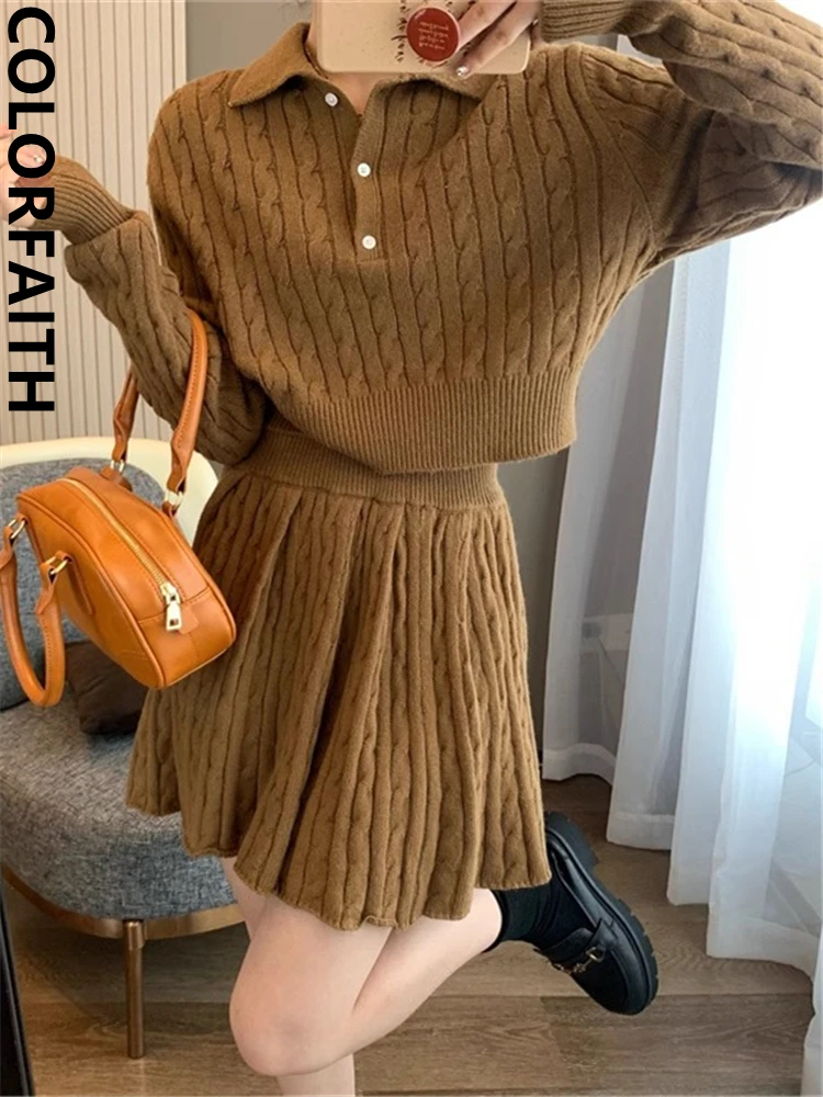 Colorfaith WS9133JX New 2024 Vintage Sets 2 Pieces Elegant Lady Knitting Cardigans With Mini Skirts Autumn Winter Women Suits