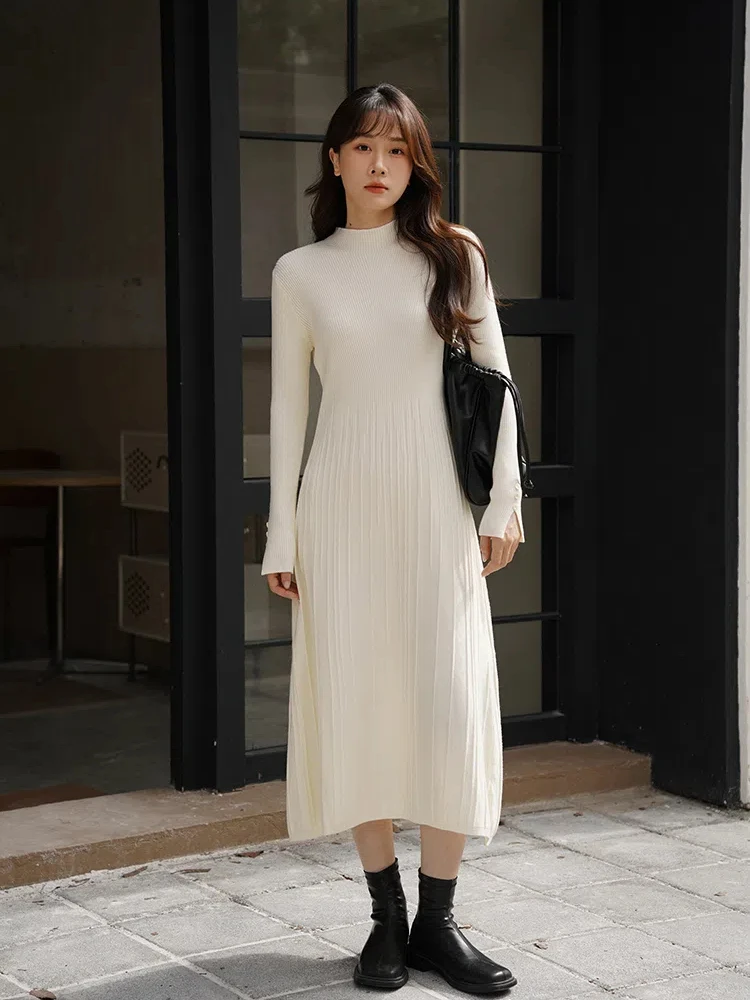 Beige Sweater Long Dress Woman Clothes Casual Autumn Winter Black Knitted Korean Slim Long Sleeve Elegant Sweet Red Dress Simple