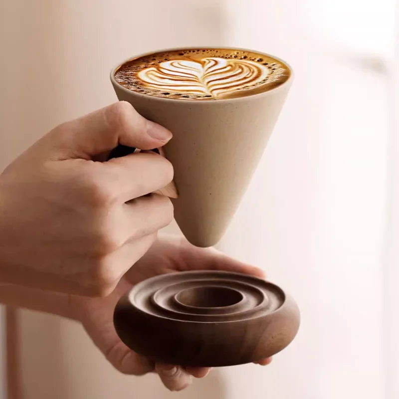 Wooden Handle Funnel-shaped Ceramic Cup, Vintage Coarse Ceramic Coffee Cup Set, Triangular Conical American Latte Specific Cup