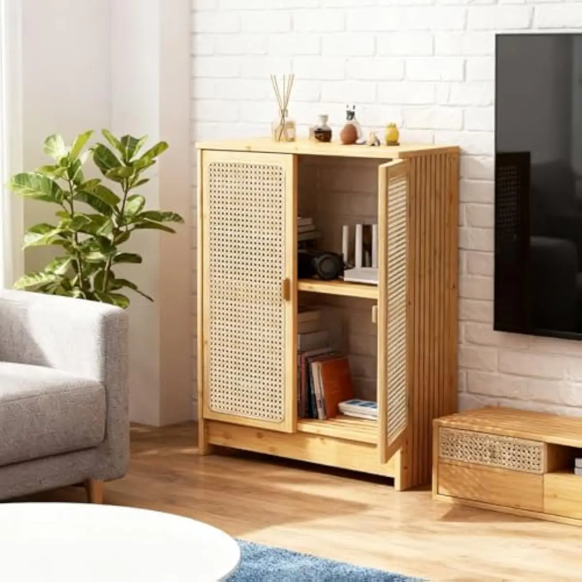 Bamboo and Rattan Floor Cabinet with Open-Back Design Adjustable Interior Shelves Modern Minimalist Media Storage Unit for Route