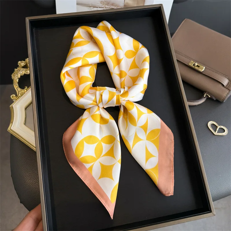 

2026 Роскошные шелковые квадратные шарфы с геометрическим принтом, женский платок с завязками на шею, женский хиджаб, женские накидки, всесезонные украшения, шейный платок