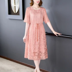 Women Embroidery Floral Natural Silk Midi Dress Spring Summer Long Sleeve Light Casual Dress 2024 Korean Elegant Bodycon Dress