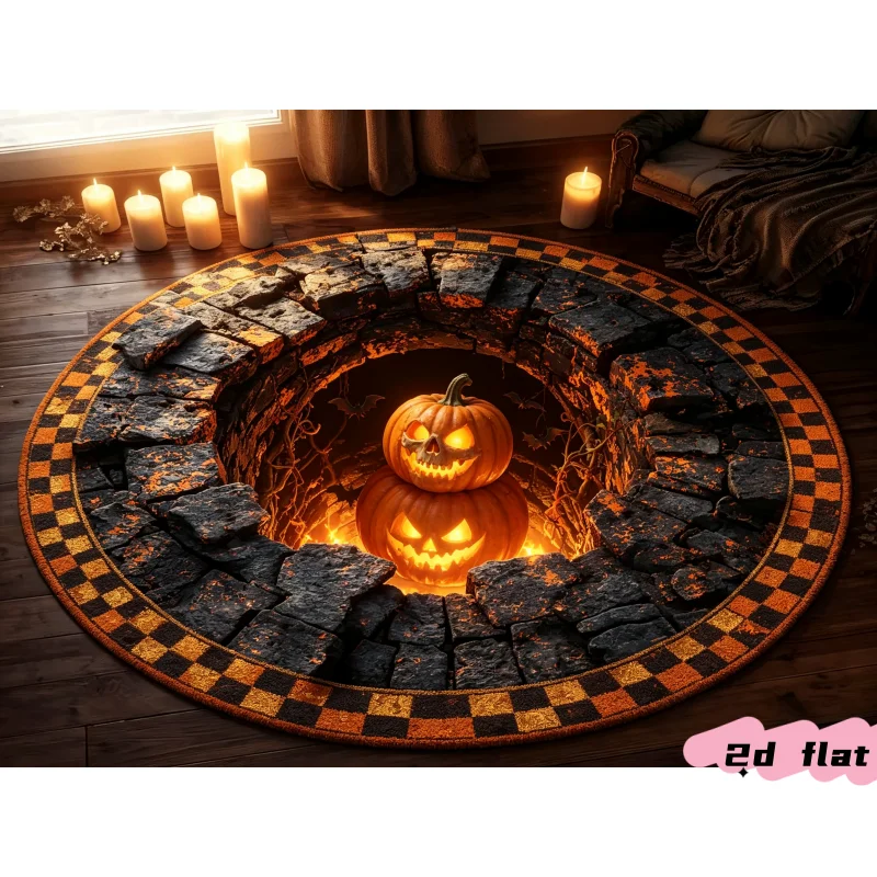 Round Halloween Pumpkin Area Carpet 2D Illusion Stone Pit Art Graphic Design Rug for Living Room Bedroom Home Decor   Carpets