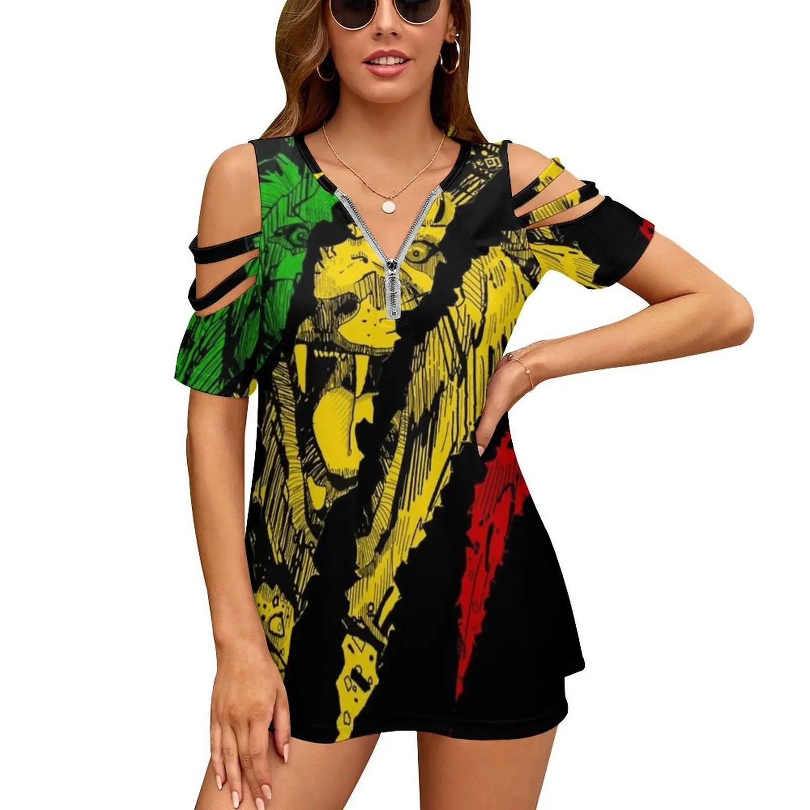 Warrior Lion Of Judah King Rasta Reggae Jamaica Roots Print O-Neck Off-The-Shoulder Top Short-Sleeved T-Shirt Ladies Streetwear