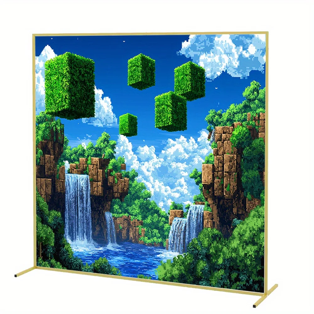 2D floating island waterfall forest cube pixel art natural scenery bedroom living room aesthetics wall decoration tapestry