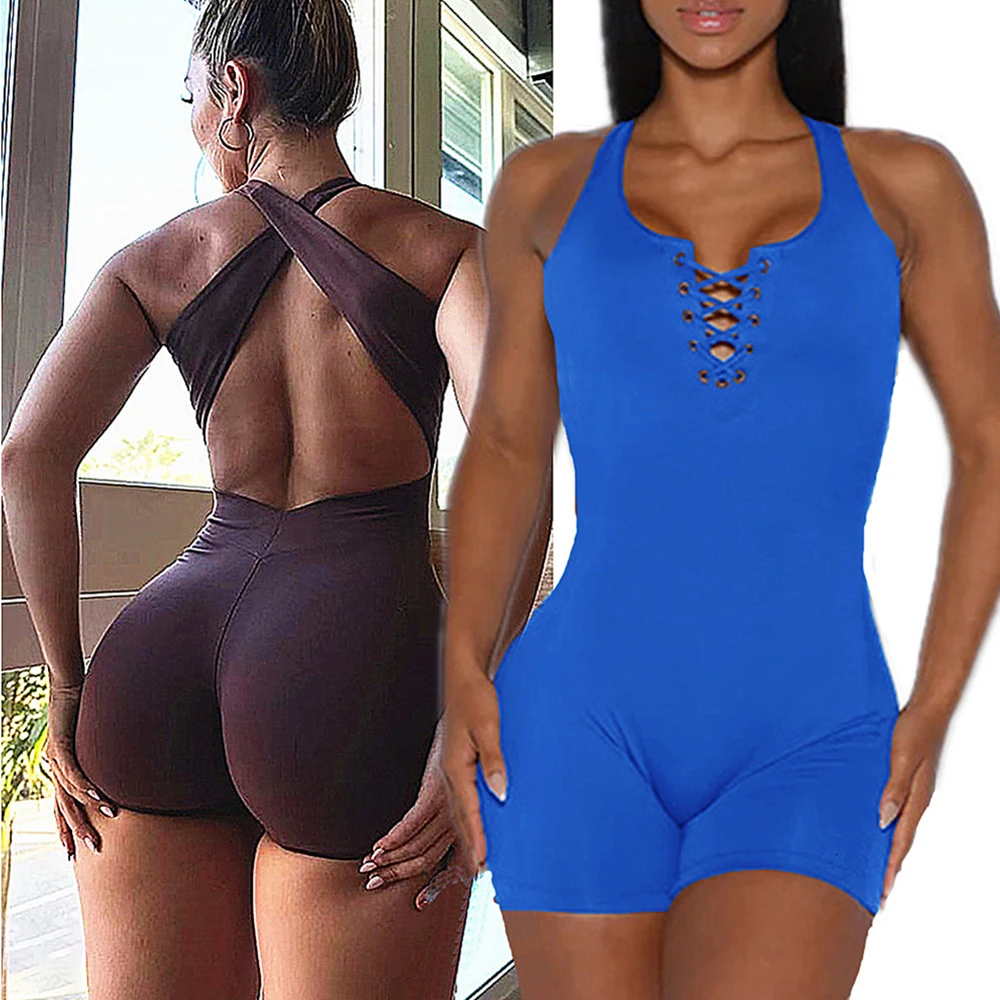 2024 New Lycra Pad Laced Yoga Set Hip Lifting Squat Proof Shorts Sports One Piece Jumpsuit Gym Fitness Bodysuit Active Romper