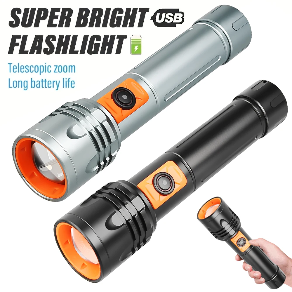 Senter LED Daya Tinggi Senter USB Isi Ulang dengan Zoom Teleskopik Lentera Taktis Super Terang untuk Memancing Berkemah Di Luar Ruangan