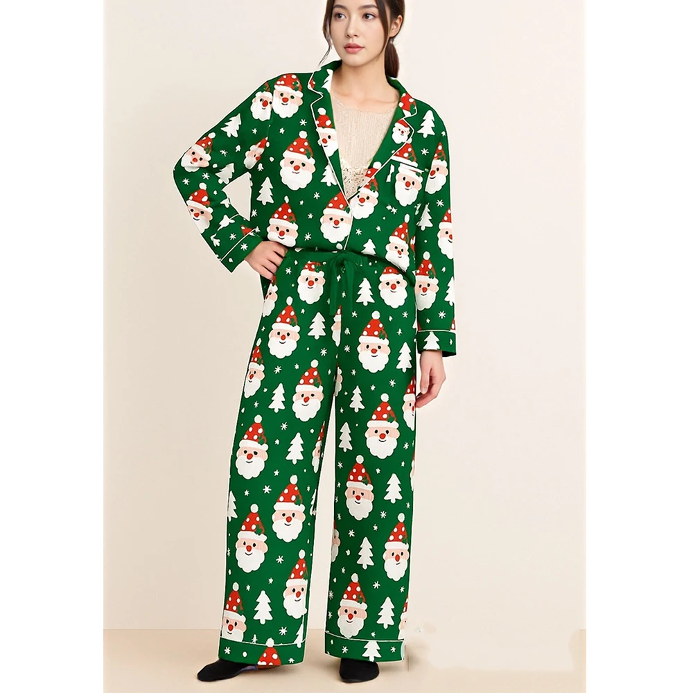

Женские рождественские пижамные комплекты с Санта-Клаусом, рубашка на пуговицах с длинными рукавами и брюки, повседневная свободная одежда для дома, подарки на рождественскую вечеринку