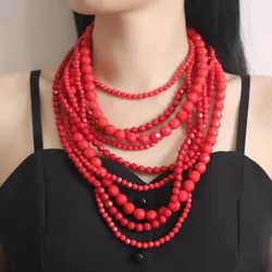 Brand ZA Coral Red Beaded Necklaces for Women Bohemia Multilayer Acrylic Round Beads Chains Chokers Necklace Collar Jewelry