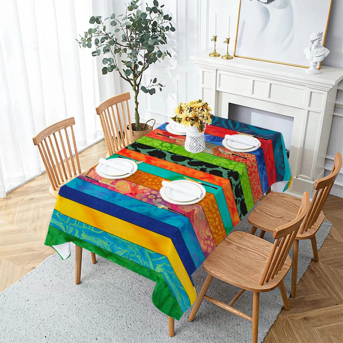 Bohemian Floral Spliced Pattern Polyester Tablecloth, Decorative Dining Table Cover, Stylish Home Dining Party Decor
